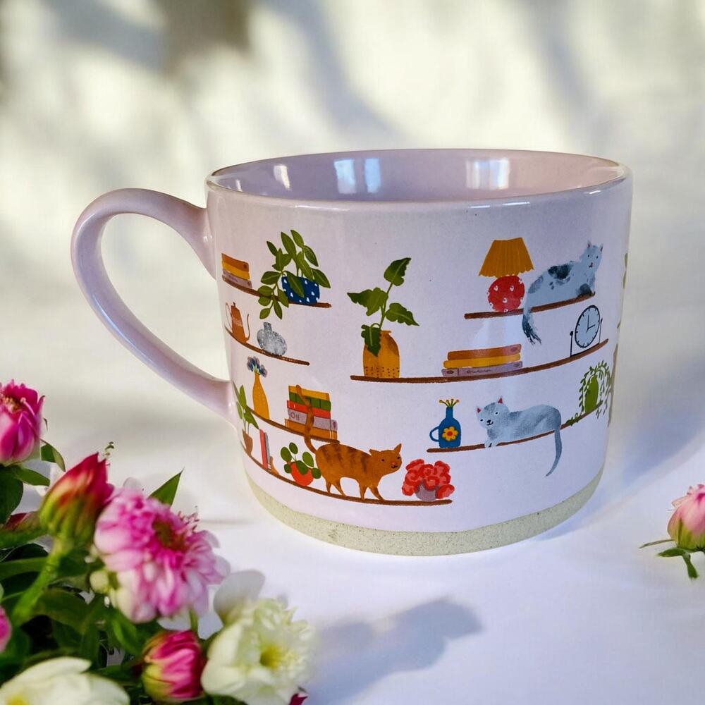 NEW Prima Design Pink Cats, Books and Plants Flowers Coffee Tea 18oz Mug